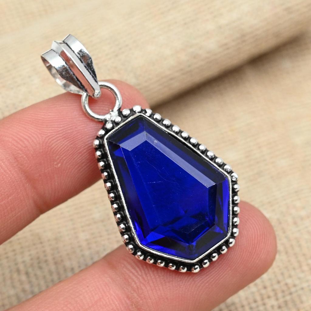 Blue Sapphire Gemstone Lab-Created Gemstone 925 Sterling Silver Jewelry Pendant