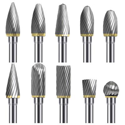 Karbid Frässtift Set 10 st 1/8" Skaft, 1/4" Huvudlängd Volframstål för Träbearbetning, Metallsnideri, Gravering, Polering