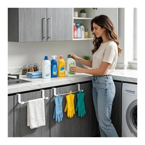 Over Cabinet Towel Holder - Sleek Adhesive Stainless Steel Organizer, Space Saving Hanging Rack | Multifunctional Kitchen Bathroom Storage Accessory