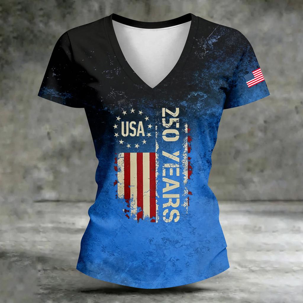 Women’s V Neck Short Sleeve Casual Letter Print T Shirt Top with USA 250 Years Graphic for Everyday Wear