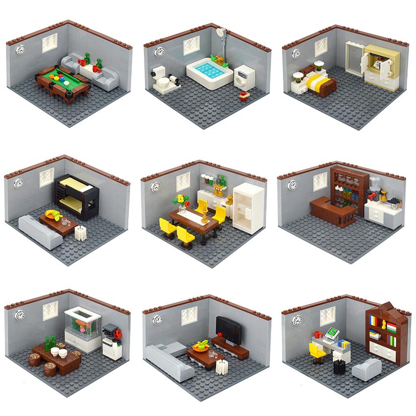 City House Building Blocks Toys MOC Furniture Model Bricks Bedroom Living Room Bathroom Pool Table Study-room For Children Gifts