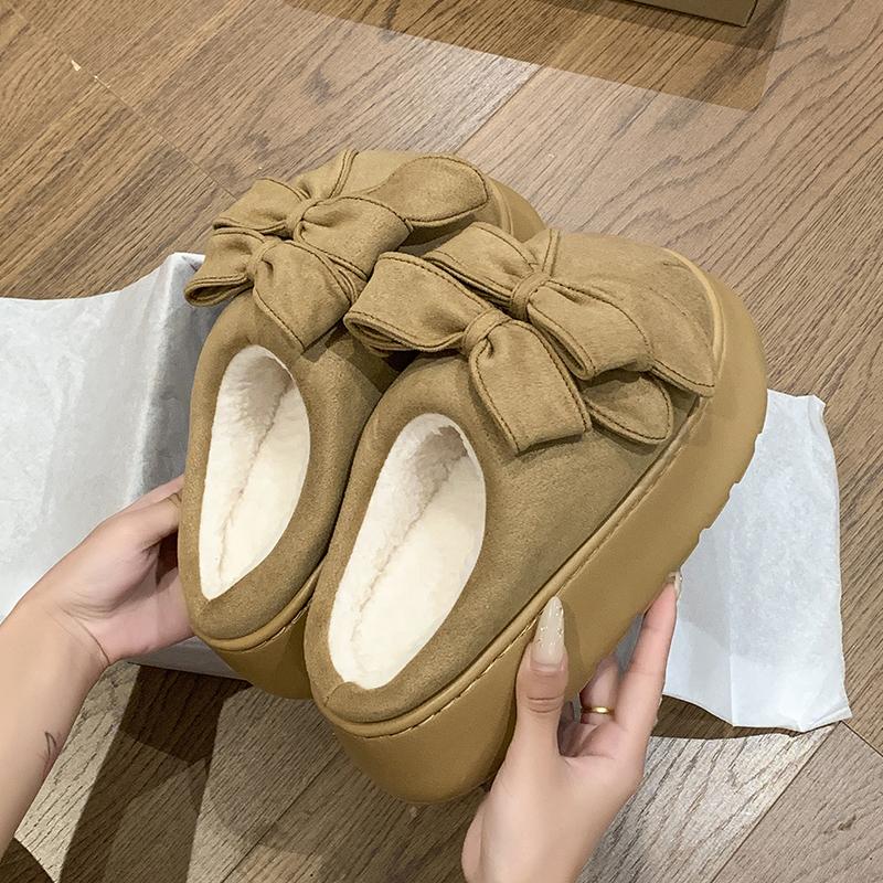 Schleifen Baotou Hausschuhe Winter Neu Runde Spitze Wildleder Plateau Sohle Rutschfest Verschleißfest Warm Baumwollschuhe