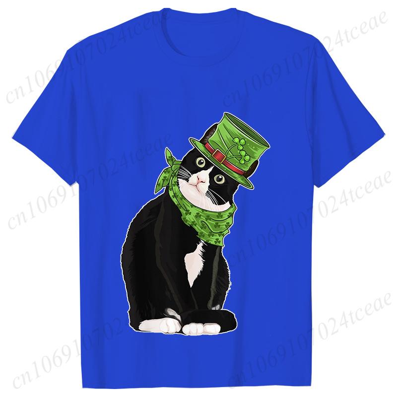 

St Patrick s Day Print T-shirt Unisex Summer Short Sleeve T-shirts Cut Black Cat with Leprechaun Hat Funny Irish Fashion Tee Tops 4XL