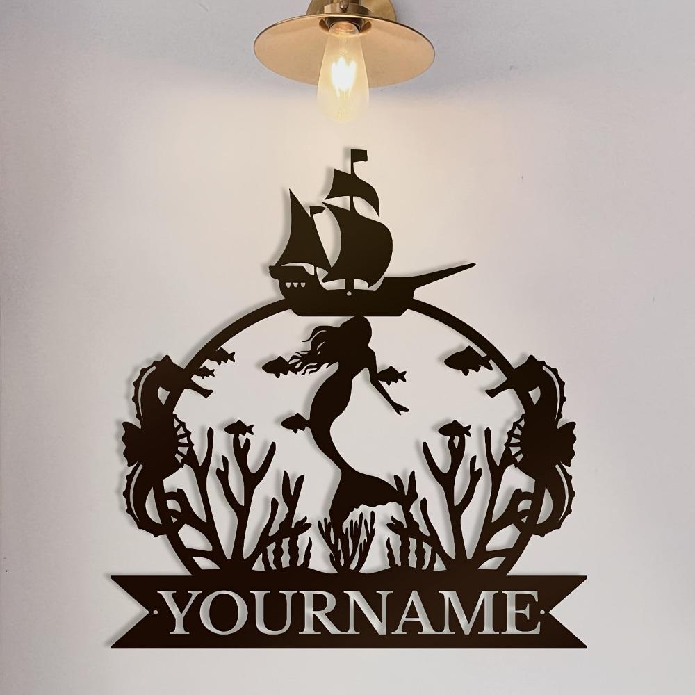 Iron Art Wall Decor Mermaid Name Sign Personalized Black Metal Indoor Outdoor Bedroom Gift