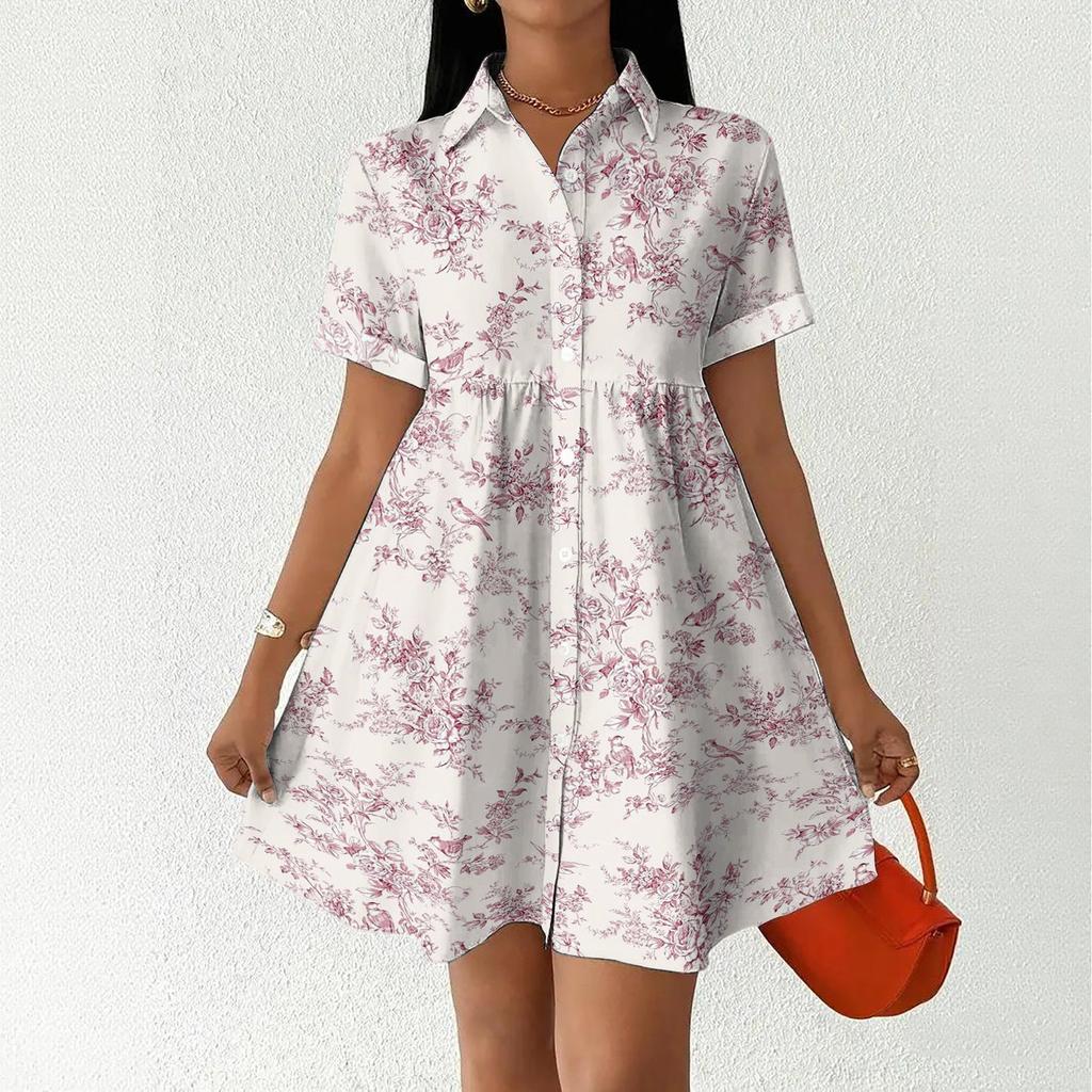 Women's Casual Loose Fit Shirt Dress Button Front Short Sleeve Collared Dress A-Line Hem Summer Dress