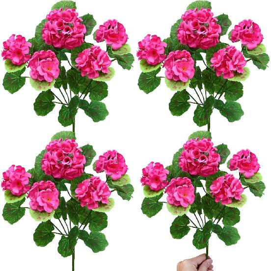 Artificial Geraniums Flowers for Outdoors Summer Decor, 4 Bundles UV Resistant Fake Geraniums Flowers Silk Faux Plants for Home Planter Gardens Table