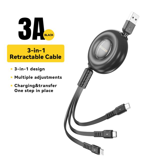 

Essager 6A 3 в 1 USB-кабель швидкий зарядний пристрій 66 Вт дрот C Кабель мікроданих для iPhone 14 Samsung Xiaomi Huawei Poco Швидка зарядка 3A Cable чорний