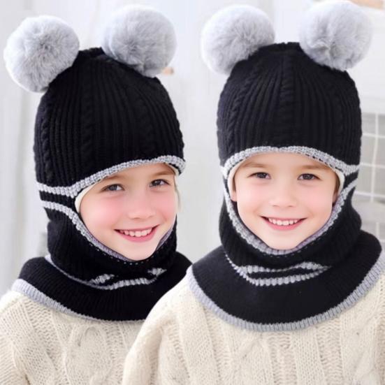 Children Hat Plush Balls Decor Thickened Knitting Hat 3-in-1 Design Hat Scarf Face Guard Headgear Elastic Fit Windproof Hat