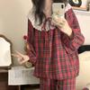 Women's Red Plaid Lace Trim Pajama Set - Long Sleeve & Pants