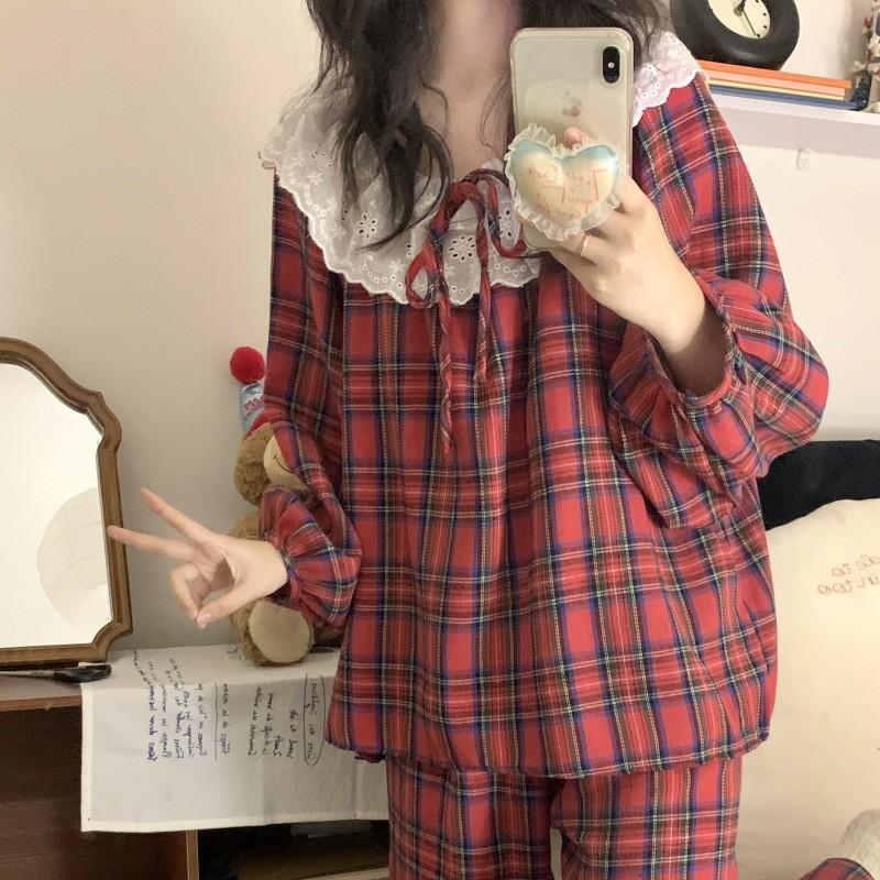 Women's Red Plaid Lace Trim Pajama Set - Long Sleeve & Pants