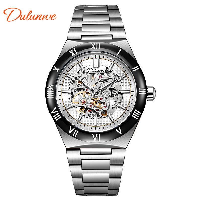 Dulunwe Skeleton Mechanical Watches Blue Roman Dial Watch for Men Automatic Watches Luxury Sports Waterproof Clock