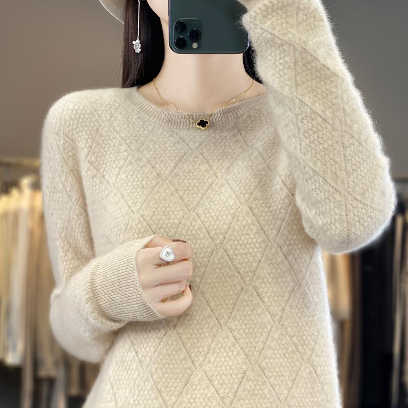 Women's Round Neck Sweater, Qinghe Cashmere, 30% Cashmere 70% Wool, Winter Knitted Pullover Autumn Sweater Cashmere Sweater