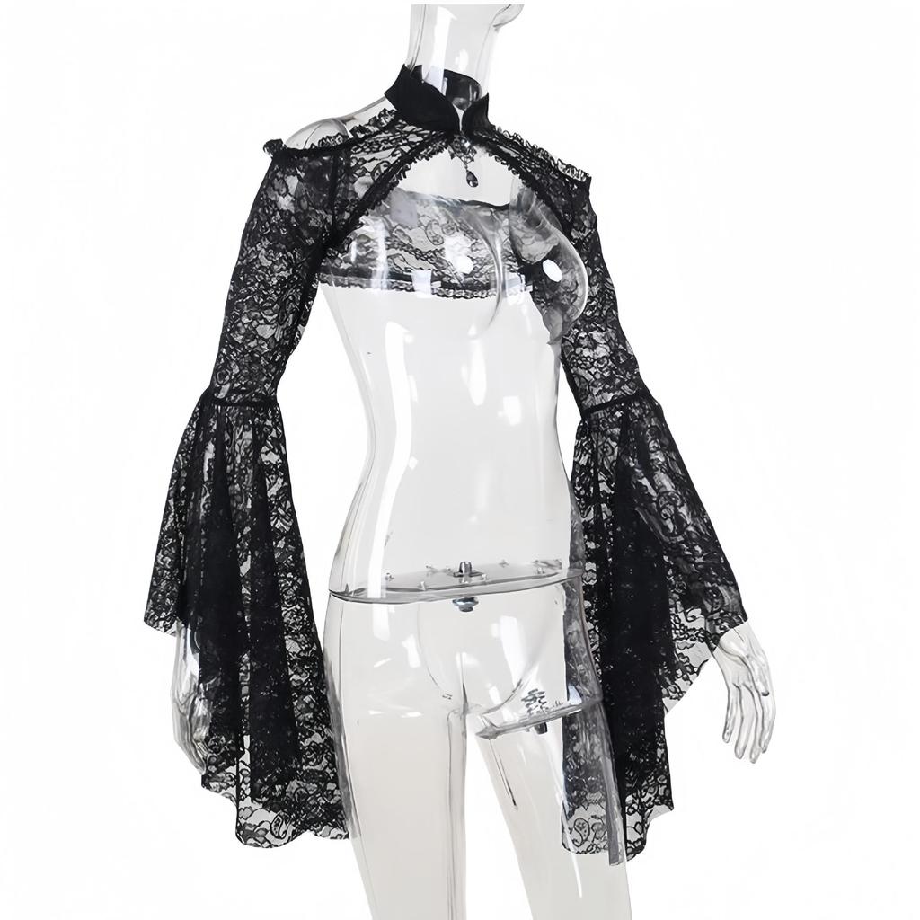 Women's Black Lace Bell Sleeve Halloween Top - Elegant Stand-up Collar