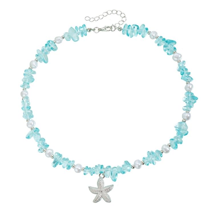 Multi Textured Starfish Pendant Necklace Combining Crystal And Pearls Charm For Layering Look Girls Clavicle Chain