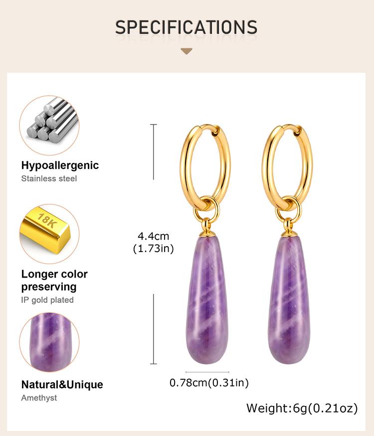 Natural Stone Drop Earrings 18k Gold Plated Stainless Steel Teardrop Amethyst Tiger Eye Rose Quartz Jewelry Nickel-Free