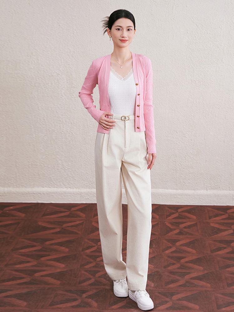 2025 Autumn/Winter V-neck Long Sleeve Single-Breasted Diagonal Stripe Knit Cardigan Outerwear