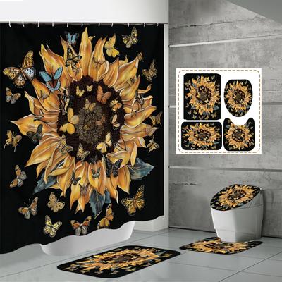 4PCS Shower Curtain Sets With Shower Curtain And Rugs Toilet Lid Rug U Shape Mat And Bath Mat Bathroom Set With 12 Hooks