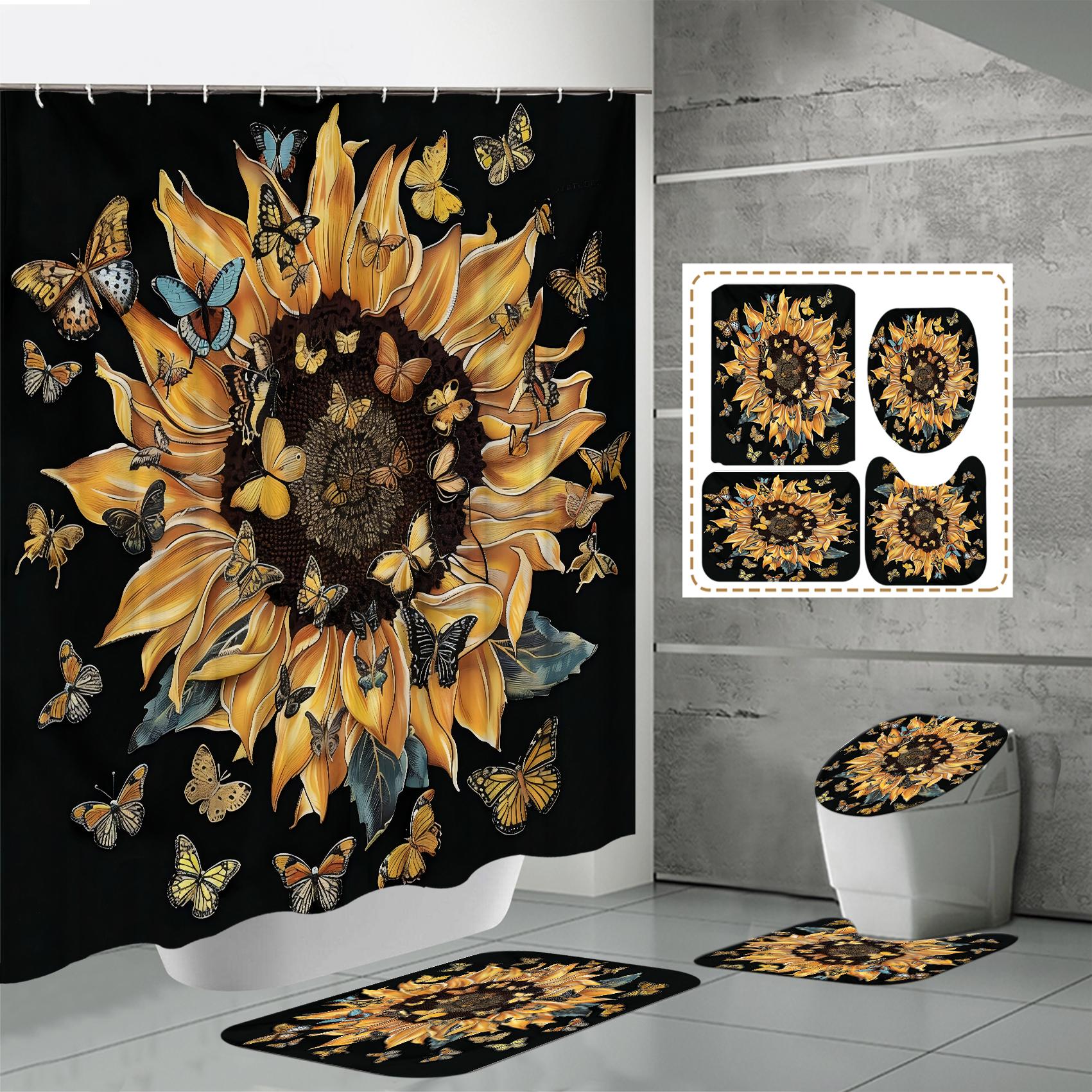 

4 ШТ. Наборы штор для душа со шторкой для душа и ковриками, коврик для крышки унитаза, U-образный коврик и коврик для ванной, набор для ванной комнаты с 12 крючками One Size