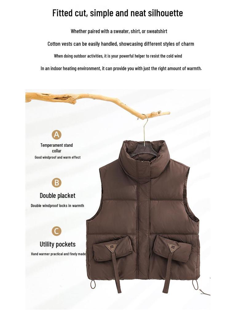 Women's Korean Style Stand-up Collar Sleeveless Waistcoat - Autumn/Winter Solid Color Warm Vest