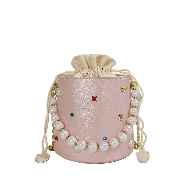 Feel small bag women's new pumping belt bucket bag women's casual chain bag beaded shoulder messenger bag