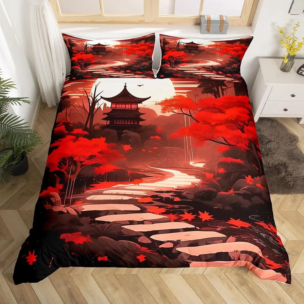 Japanese Landscape Duvet Cover Set for Teens Adults Queen Quilt Covers Lightweight Down 2 Pillowcases 1 Duvet Cover No Comforter