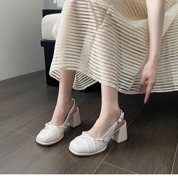Mary Jane shoes women's 2025 summer new temperament patent leather thick heel bag head high heels shallow mouth pearl chain sandals women