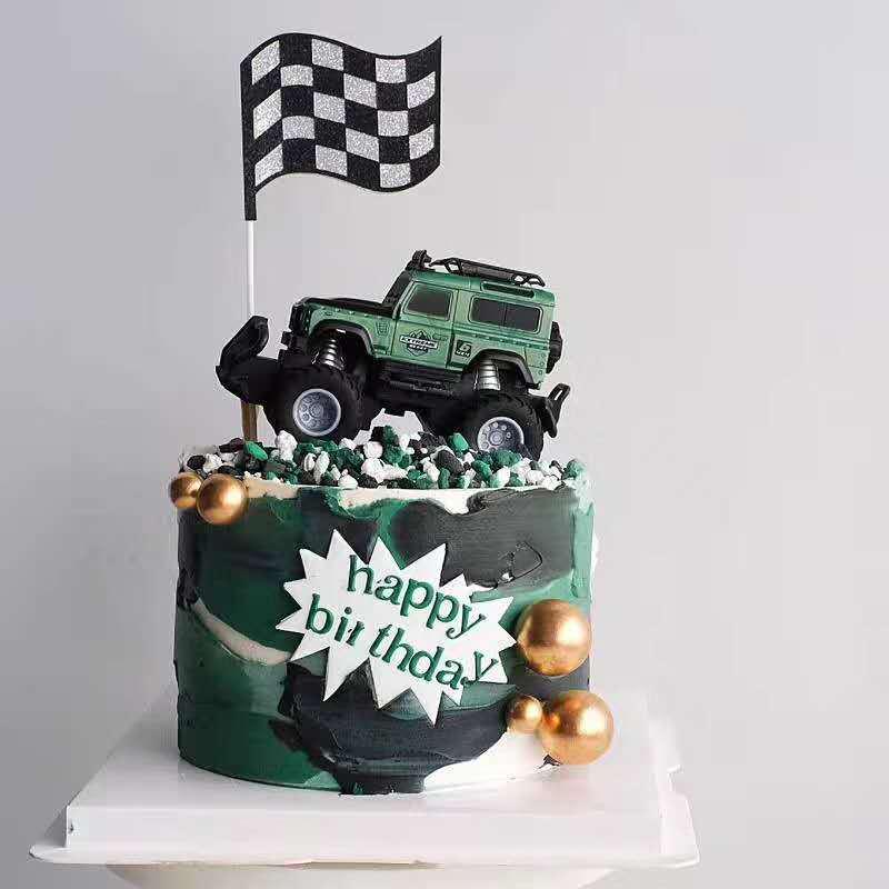 Remote-Control Off-Road Vehicle Cake Decoration for Boys' Birthday – Racing Flag Insert Cards