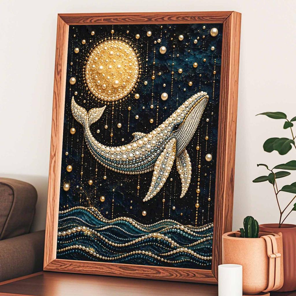 Unique 5D Framed Pearl Painting Kit with Ocean Whale and Full Moon Pattern Sparkling Bead Art Canvas DIY Handmade Craft for Living Room Decor
