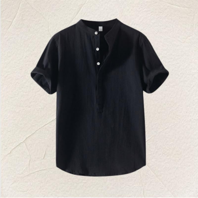 Men S Casual Solid Color Short Sleeve Stand Collar Loose Fit Shirt