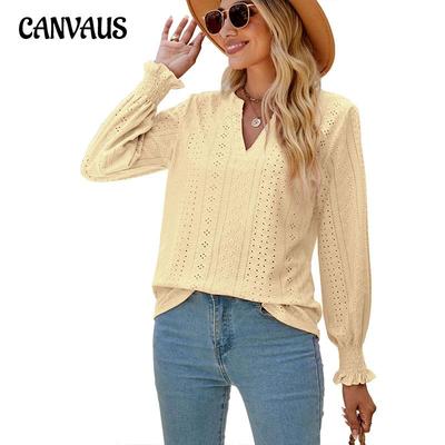 Summer Women's Tops Long-sleeved Solid Color Hollow Out Shrink Pleated Lotus Leaf Sleeve Blouse V-neck Loose T-shirt Top