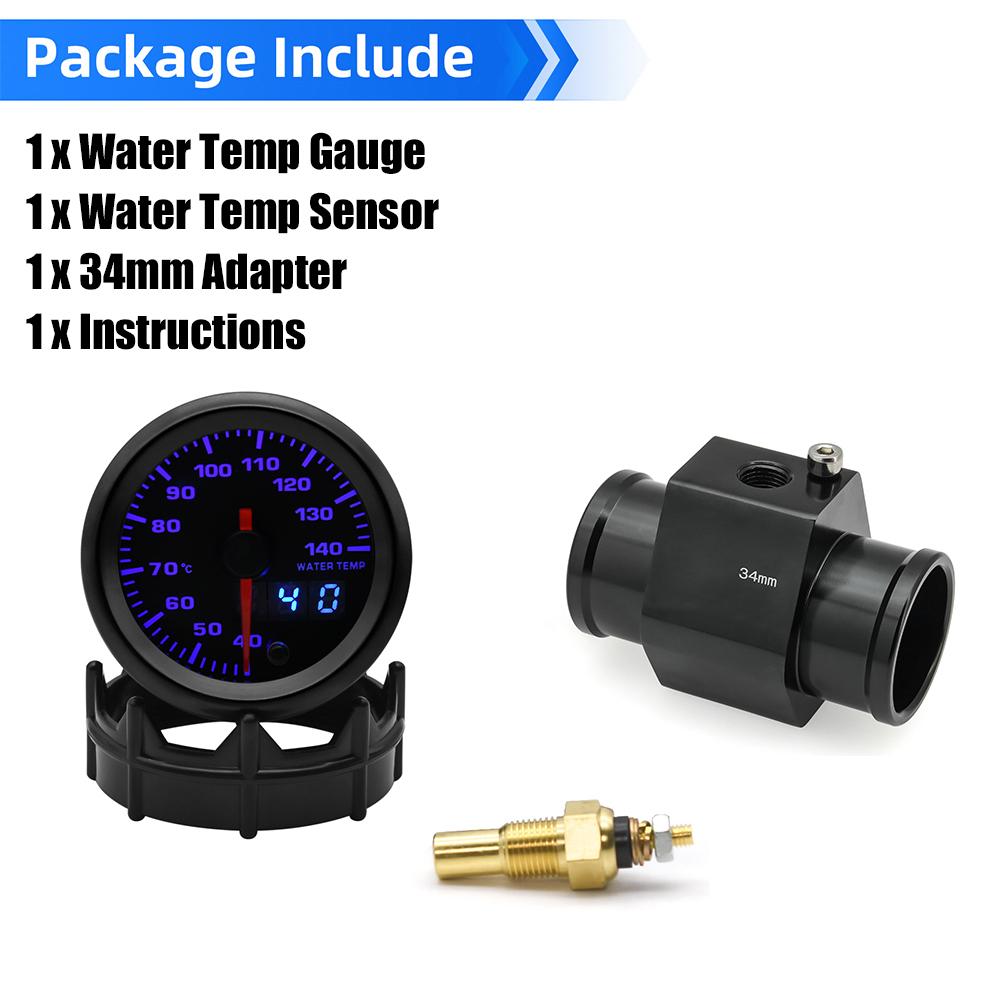 2“ 52mm Water Temperature Gauge 40-140 Celsius 7 Colors Backlight Water Temp Sensor Joint Pipe Sensor Hose Adapter For 12V Car
