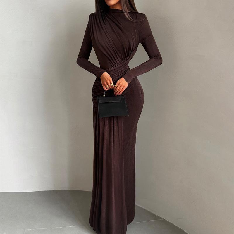 Europäischer & Amerikanischer Stil Herbst/Winter Plissiertes Schmal Geschnittenes Rundhals-Langarmkleid