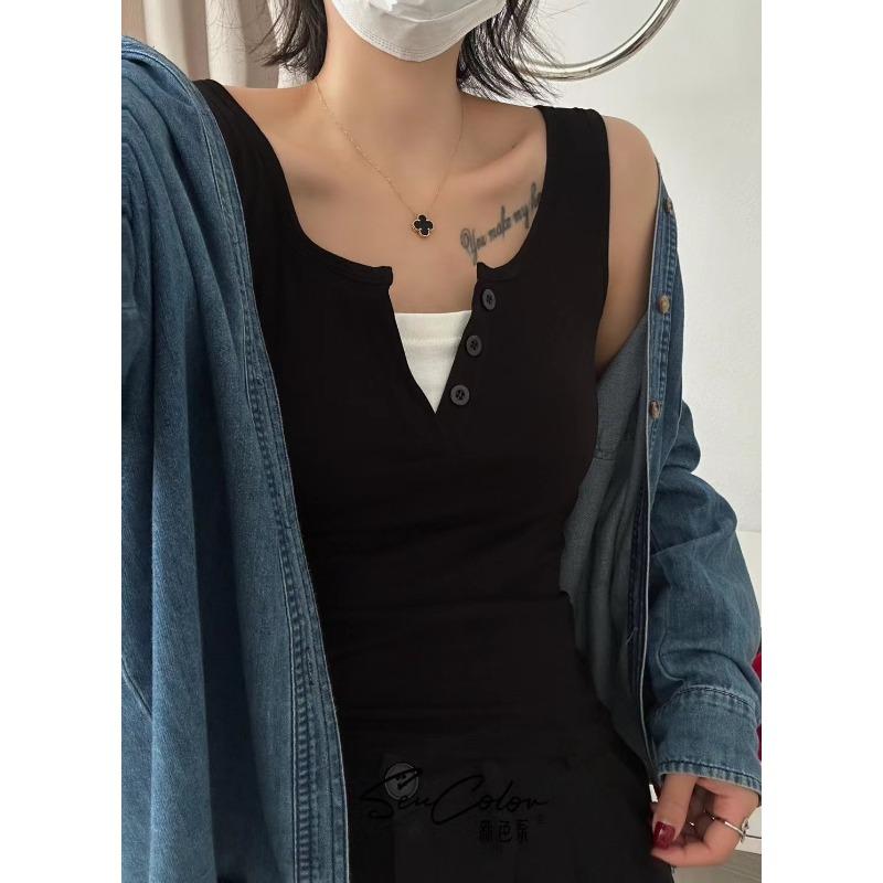 Simple Fashion Integrated Round Neck Fake Two Wide Shoulder Back Heart Female Slimming Thread Matching Sleeveless