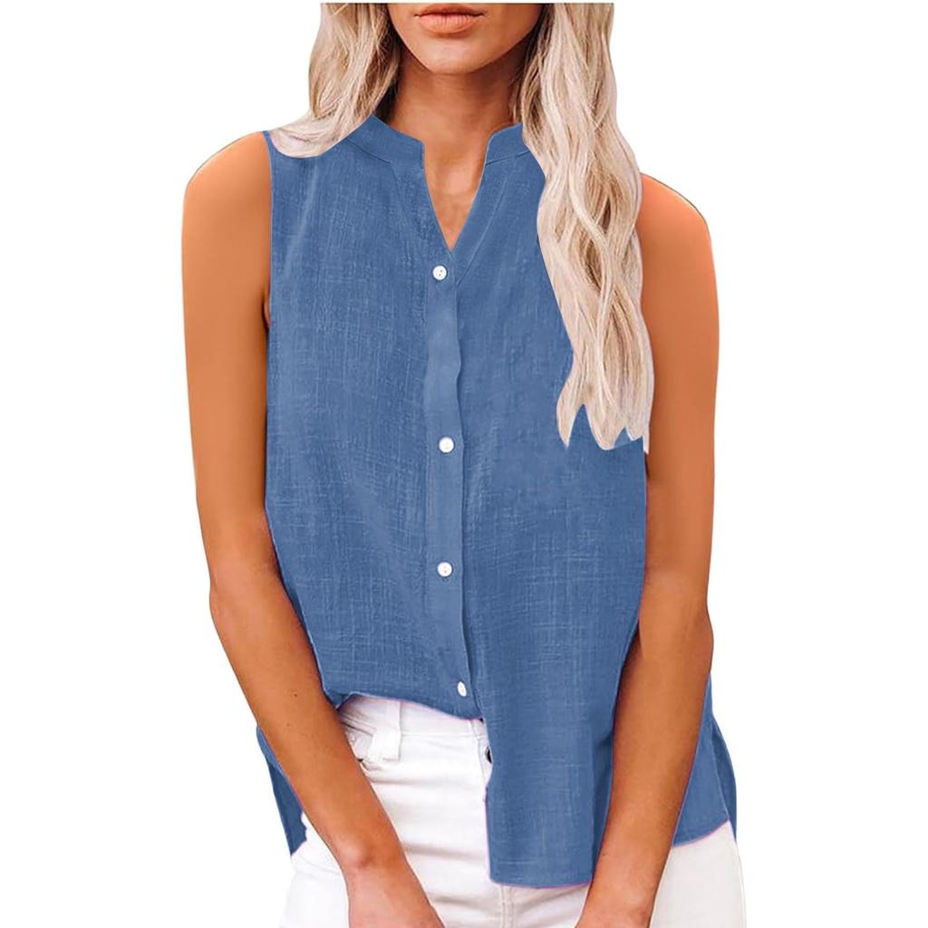 Damenmode Einfarbig Lässig Ärmellos Strickjacke Knopf Locker Baumwolle Leinen Hemd Top