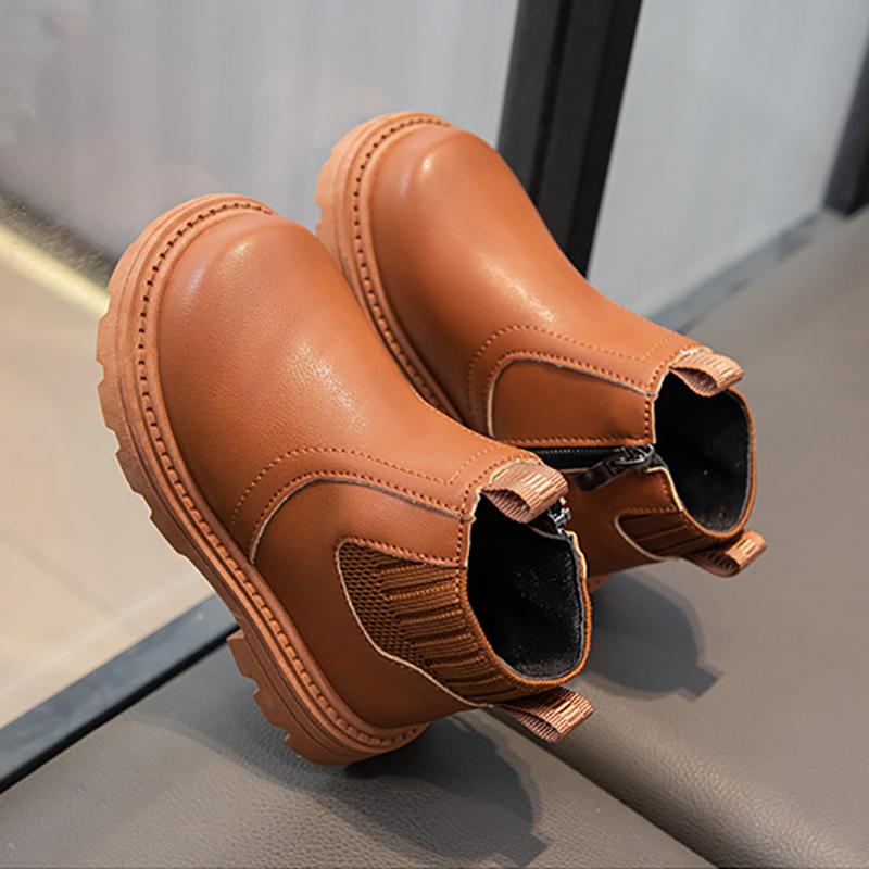 Children's British Style Leather Boots with Side Zipper and Non-Slip Sole