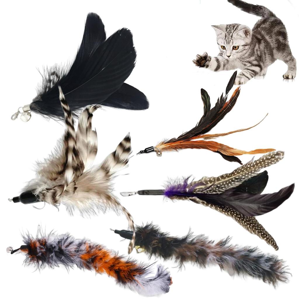 YINKE 6-Piece Cat Toy Set with Feather Toys, Cat Teasers, and Feathers, Easy To Replace, Helps Relieve Exercise and Stress (Black)