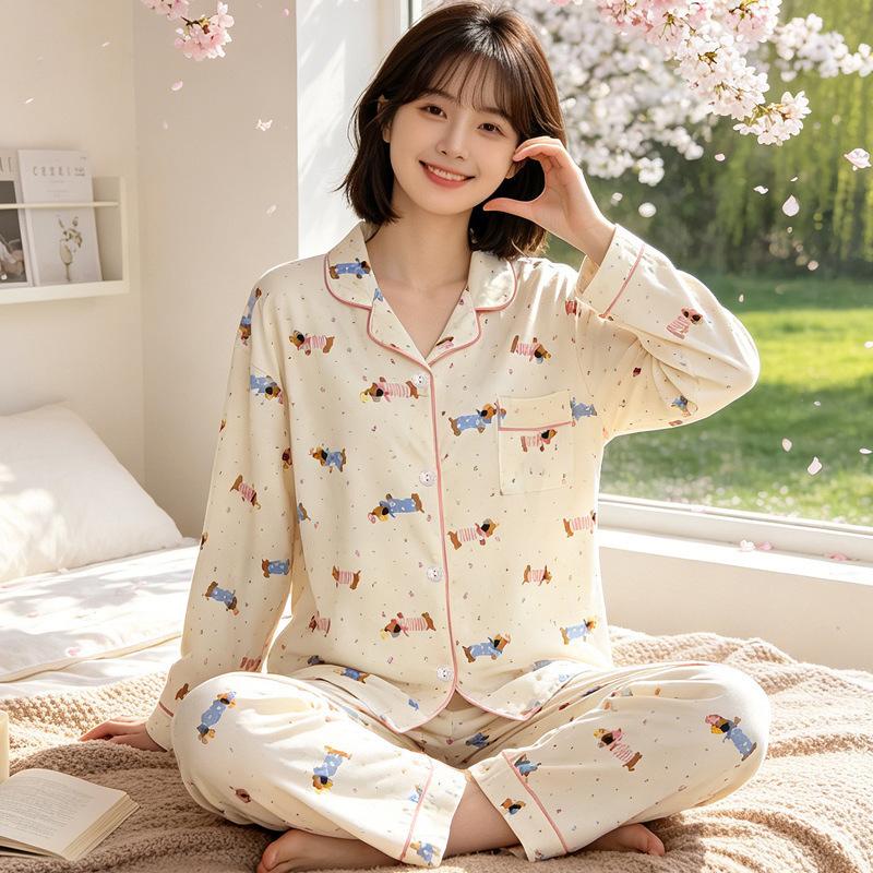 Japanese cute cartoon pajamas women's spring and autumn imitation cotton long-sleeved soft girl casual loungewear suit can be worn outside