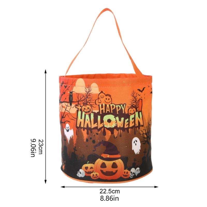LED Halloween Candy Bag Set of 2, Round Bucket Style with Carry Handle, Polyester Treat Bag Pair for Candy Pickup, Table Accent, and Seasonal Display