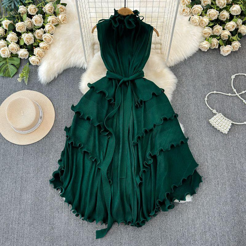 

Wooden Ear Silm Long Pleated Chiffon Dress Dark green All yards