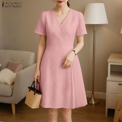 Women Casual V-Neck Short Sleeve Hollow Lace Crochet Patchwork Dress