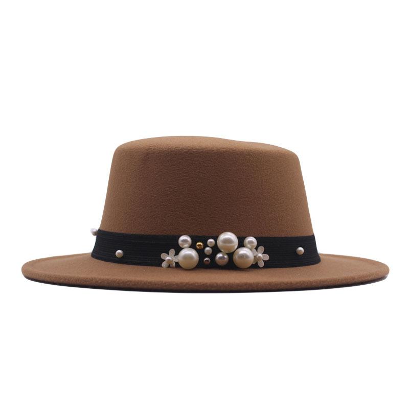 New Flat Top Flat Brim Top Hat Men's and Women's Retro Pearl Fashion British Woolen Hat