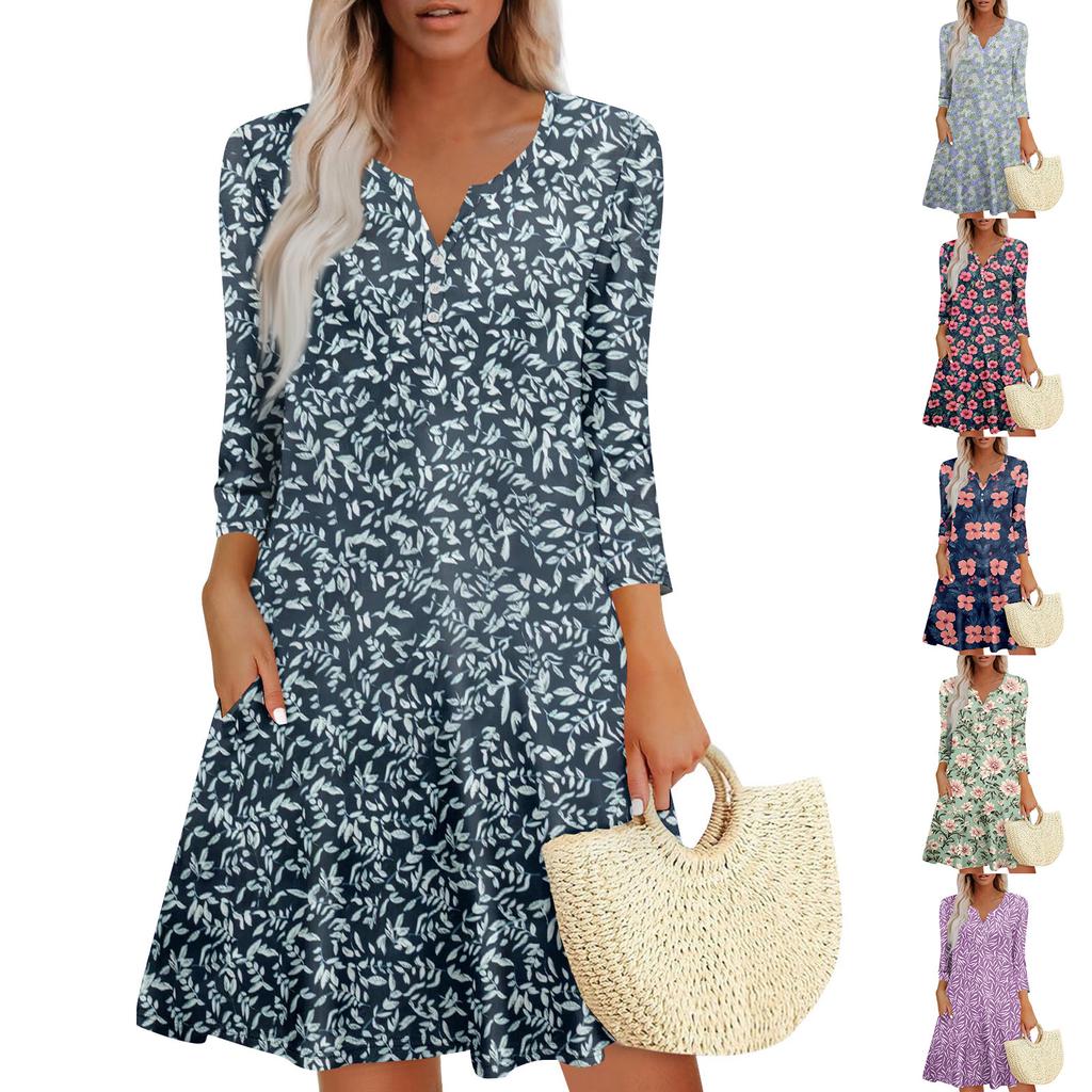 Women's Summer Dress Loose V Neck Three-quarter Sleeve Sundress With Pockets Dress