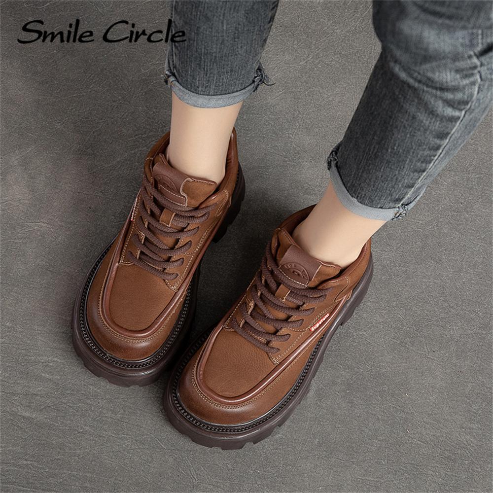 Natural Leather Chunky Women's Ankle Boots High Top Thick Bottom Boots Lace Up Casual Women's Motorcycle Boots