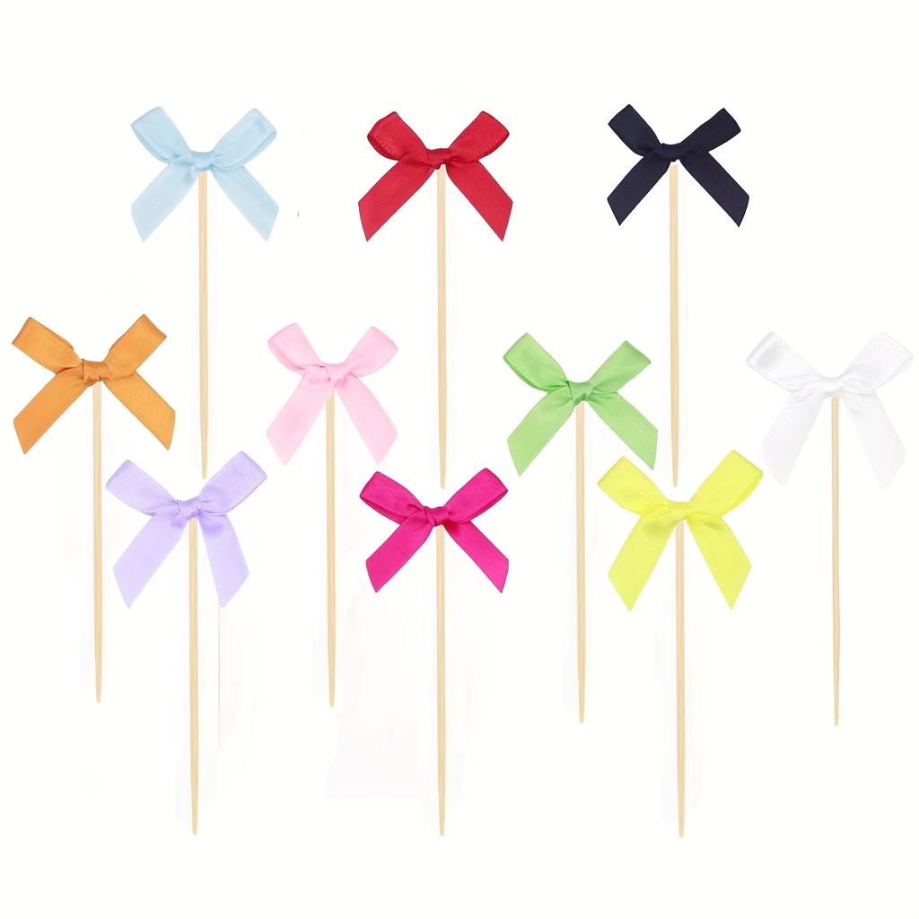 10Pcs Disposable Cake Topper Picks, Dessert Baking Decorations, Fabric Bow Picks for Party Desserts and Fruit