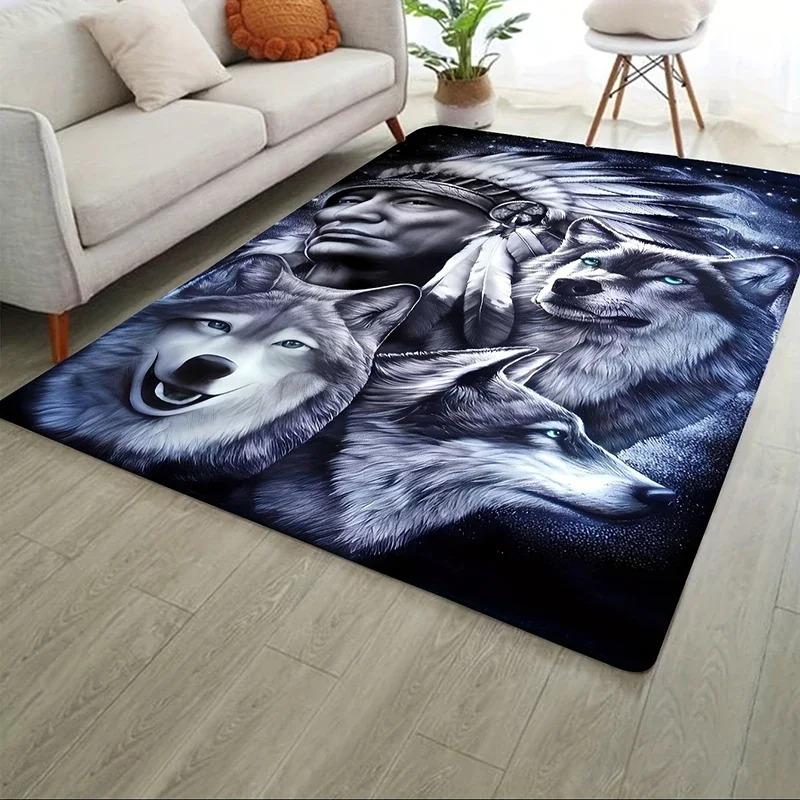 Vlčí koberec v indiánském stylu Odolná podlahová rohožka do obývacího pokoje, ložnice Mystická tmavá fantasy domácí dekorace Koberec
