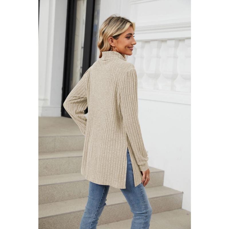 Herbst Damen Bluse Halb Stehkragen Langarm Lose Split Pocket Top