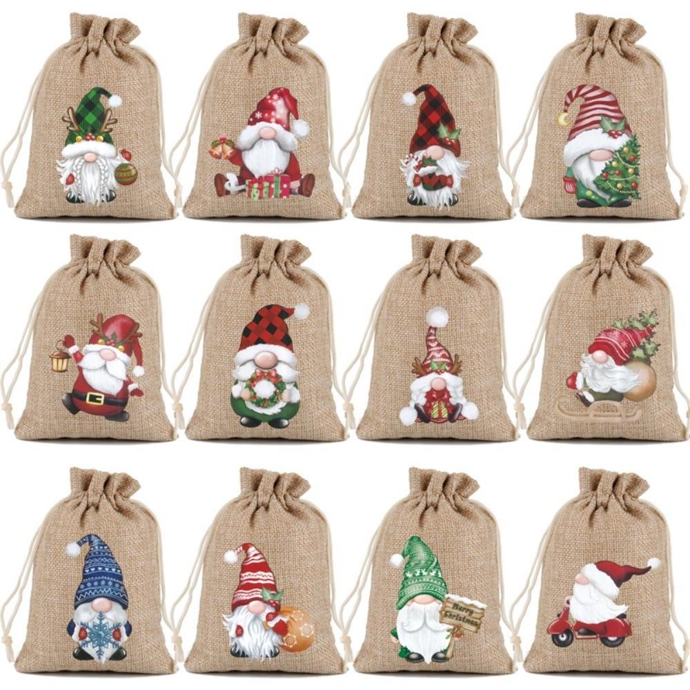 12PCS Cartoon Dwarf Christmas Gift Packaging Bag Vintage Cute Christmas Drawstring Gift Bags Reusable Drawstring Candy Bags