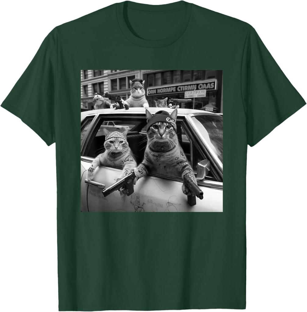 Print Gangster Cats Graphic Tee Men's Funny Street Style Oversized T-Shirt Casual Daily Print Round Neck