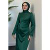 Satin Evening Dress With Sleeve Fringes, Oil Green