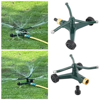 3-Arm Metal Sprinkler with Wheel Base 360 Degree Rotating Sprinkler Portable Novelty Water Spraying Tool for Large Coverage Area